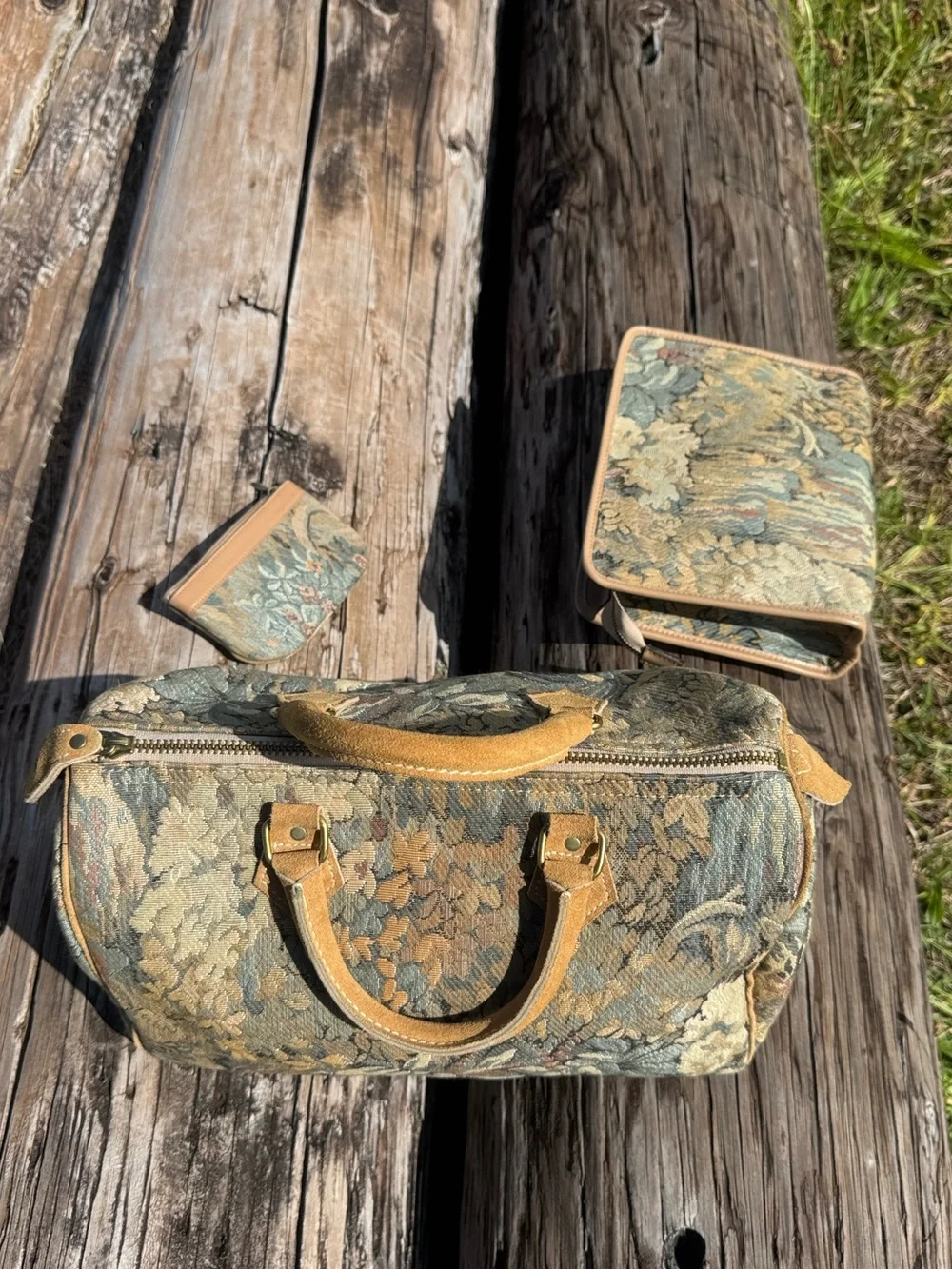 Vintage 80s French Luggage Co tapestry suede handbag purse bag set